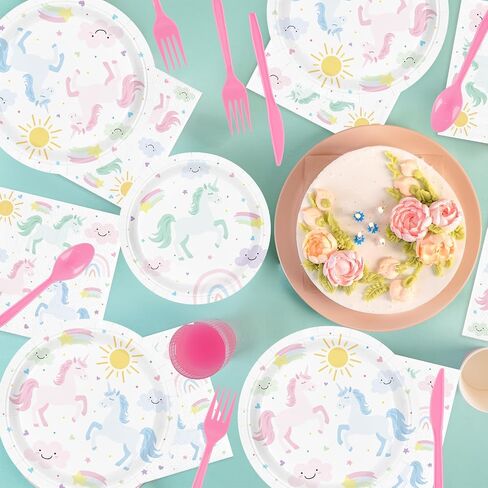 Unicorn Birthday Party Supplies for 24 Guests, Magical Pastel Theme Tableware Set Includes Disposable Paper Plates, Napkins, Cups, Cutlery, Unicorn Birthday Decorations for Girls in Saudi Arabia