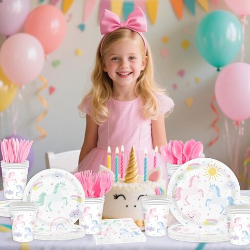 Unicorn Birthday Party Supplies for 24 Guests, Magical Pastel Theme Tableware Set Includes Disposable Paper Plates, Napkins, Cups, Cutlery, Unicorn Birthday Decorations for Girls in Saudi Arabia