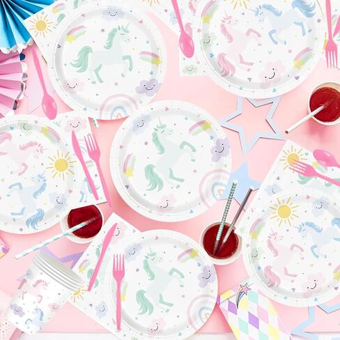 Unicorn Birthday Party Supplies for 24 Guests, Magical Pastel Theme Tableware Set Includes Disposable Paper Plates, Napkins, Cups, Cutlery, Unicorn Birthday Decorations for Girls in Saudi Arabia