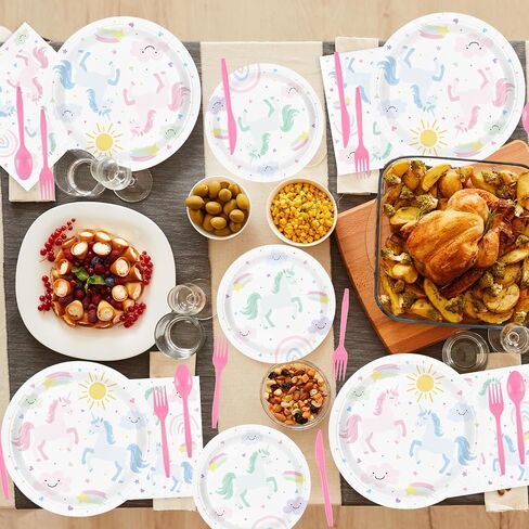 Unicorn Birthday Party Supplies for 24 Guests, Magical Pastel Theme Tableware Set Includes Disposable Paper Plates, Napkins, Cups, Cutlery, Unicorn Birthday Decorations for Girls in Saudi Arabia