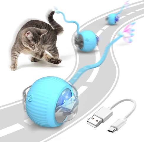 Interactive Cat Toy Ball for Indoor Cats with Mesh Tail & Foils, Automatic Rolling Three Modes Agile Moving Cat Ball to Keep Them Busy Rechargeable, Blue in Saudi Arabia