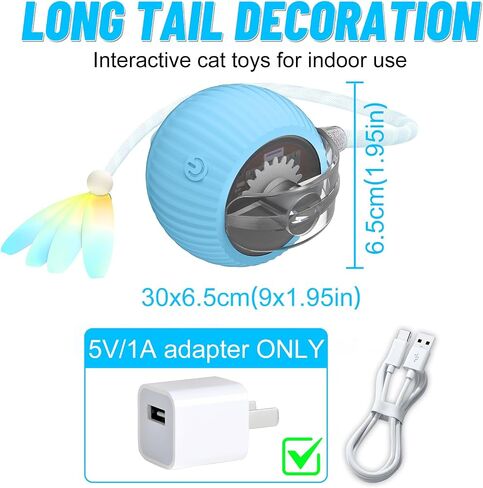 Interactive Cat Toy Ball for Indoor Cats with Mesh Tail & Foils, Automatic Rolling Three Modes Agile Moving Cat Ball to Keep Them Busy Rechargeable, Blue in Saudi Arabia