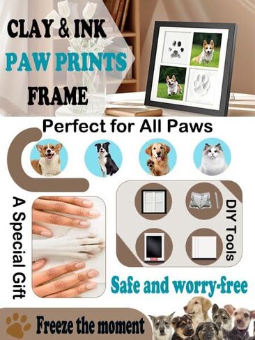 TuOain Paw Print Picture Frame ، هدايا تذكارية للكلاب لفقدان الكلب ， Cat/Dog Paw Print Kit Soft Pawprint Clay & Clean Touch Ink مع أداة تخصيص ، هدايا تذكارية مخصصة للحيوانات الأليفة in Kuwait