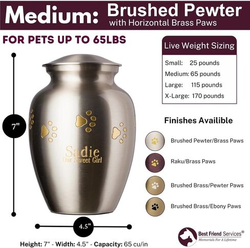 OTTILLIE PAWS ELITE SERIES TERN PET URN للكلاب والقطط - الجرار التذكارية للحيوانات الأليفة مع نقش مخصص (بيوتر ، العمودي ، النحاس ، صغير) in Kuwait