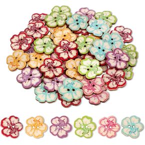 50 PCS أزرار الخشب ، 2 ثقب الرجعية لطيف الشجرة الصغيرة قلب زهرة مطلية زر الأزرار الرجعية مختلطة اللون الزهرة الخشبية الزخرفية لمشاريع الخياطة اليدوية DIY (الزهور) in Kuwait