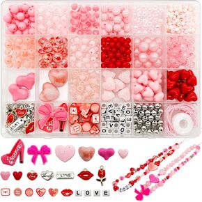 Jinnbey 24 Grid Pink 560pcs حبات أكريليك لمجموعة صناعة المجوهرات ، مع معلقات شفاه مينا على شكل قلب لصنع سوار القلادة ، سلاسل المفاتيح ، سحر الهاتف ، مجموعة الحرف اليدوية DIY in Kuwait