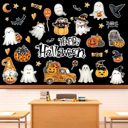 50 Pcs Halloween Ghost Bulletin Board Decoration Watercolor Vintage Pumpkin Ghost Paper Cutouts with 100 Pcs Glue Points for Happy Halloween Holiday Party Classroom in Saudi Arabia
