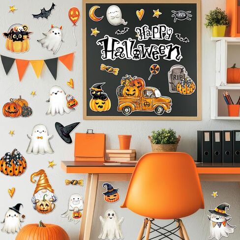 50 Pcs Halloween Ghost Bulletin Board Decoration Watercolor Vintage Pumpkin Ghost Paper Cutouts with 100 Pcs Glue Points for Happy Halloween Holiday Party Classroom in Saudi Arabia