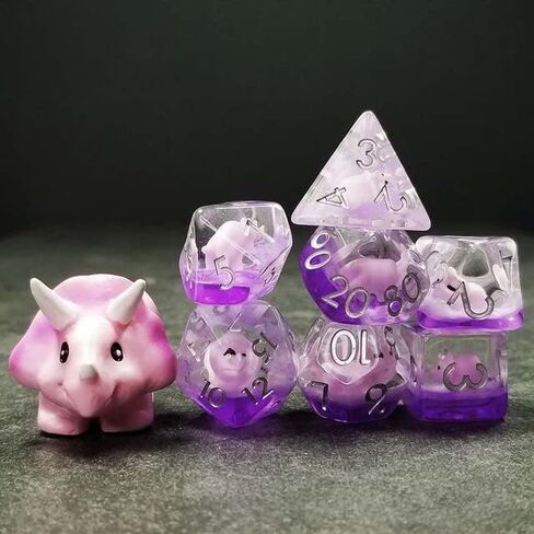Sage's Portal Dinosaur and Reptilian Familiars Resin DND Dice Set Polyhedral Dice Set for Dungeons and Dragons RPG Tabletop TTRPG (Pink Baby Triceratops) in Kuwait