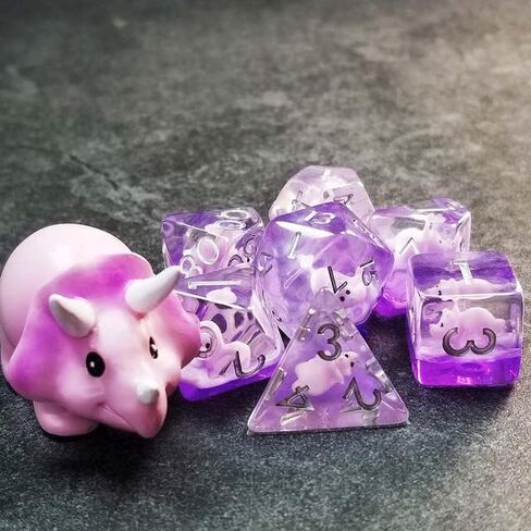 Sage's Portal Dinosaur and Reptilian Familiars Resin DND Dice Set Polyhedral Dice Set for Dungeons and Dragons RPG Tabletop TTRPG (Pink Baby Triceratops) in Kuwait