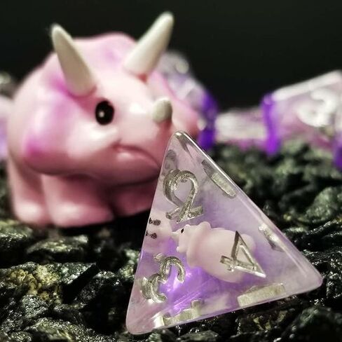 Sage's Portal Dinosaur and Reptilian Familiars Resin DND Dice Set Polyhedral Dice Set for Dungeons and Dragons RPG Tabletop TTRPG (Pink Baby Triceratops) in Kuwait
