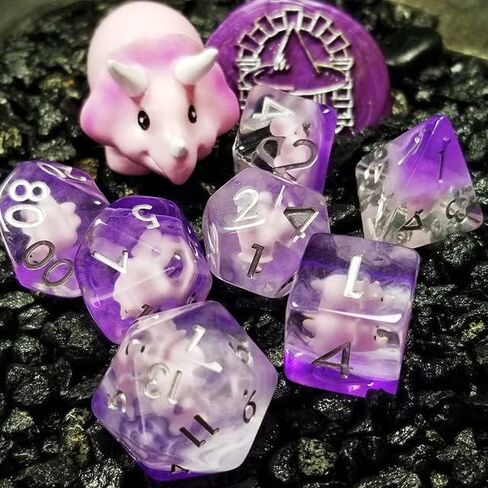 Sage's Portal Dinosaur and Reptilian Familiars Resin DND Dice Set Polyhedral Dice Set for Dungeons and Dragons RPG Tabletop TTRPG (Pink Baby Triceratops) in Kuwait