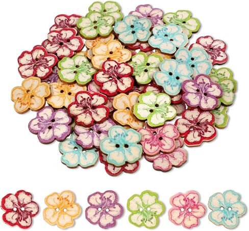 50 PCS Wood Buttons, 2 Hole Retro Cute Little Tree Heart Flower Painted Button Retro Buttons Mixed Color Wooden Flower Button Decorative for DIY Sewing Craft Handmade Projects (Flowers) in Saudi Arabia