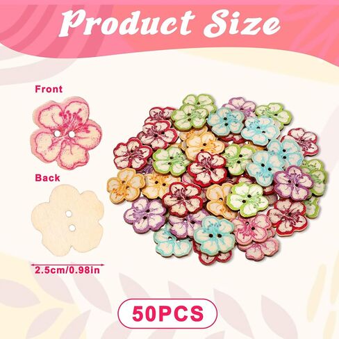 50 PCS Wood Buttons, 2 Hole Retro Cute Little Tree Heart Flower Painted Button Retro Buttons Mixed Color Wooden Flower Button Decorative for DIY Sewing Craft Handmade Projects (Flowers) in Saudi Arabia