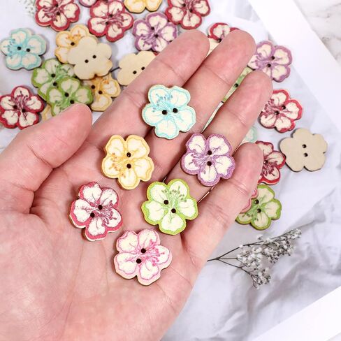 50 PCS Wood Buttons, 2 Hole Retro Cute Little Tree Heart Flower Painted Button Retro Buttons Mixed Color Wooden Flower Button Decorative for DIY Sewing Craft Handmade Projects (Flowers) in Saudi Arabia