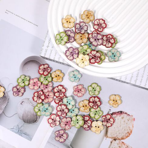 50 PCS Wood Buttons, 2 Hole Retro Cute Little Tree Heart Flower Painted Button Retro Buttons Mixed Color Wooden Flower Button Decorative for DIY Sewing Craft Handmade Projects (Flowers) in Saudi Arabia
