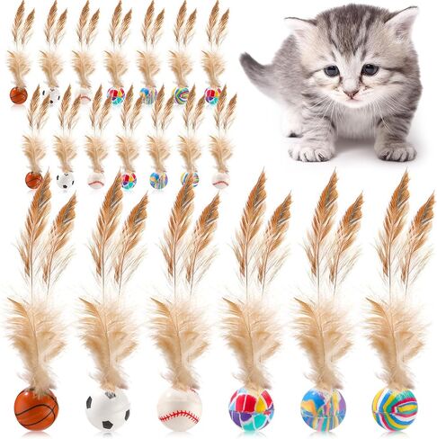Soulchen 40 Pcs Interactive Cat Feather Ball Toy Set 2025 New Bouncy Rubber Elastic Rolling Balls Toy with Feather for Bored Indoor Cats Playful Kittens who Love to Exercise Safe and Fun Play in Saudi Arabia