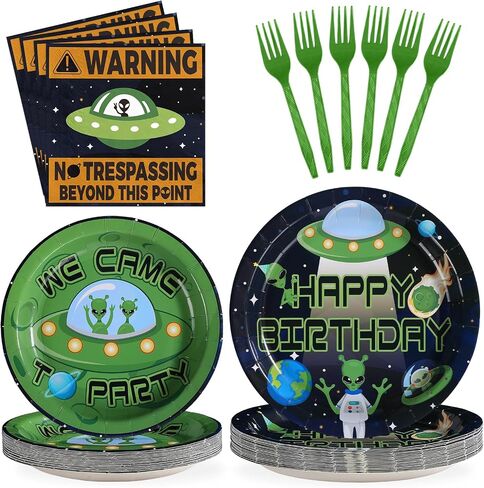 Grencian 96Pcs Aliens Party Decorations Green Outer Theme Space Plates and Napkins Tableware Sets Space Birthday Decorations Favors for Boys Girls Baby Shower Theme Party Supplies Serve 24 in Saudi Arabia