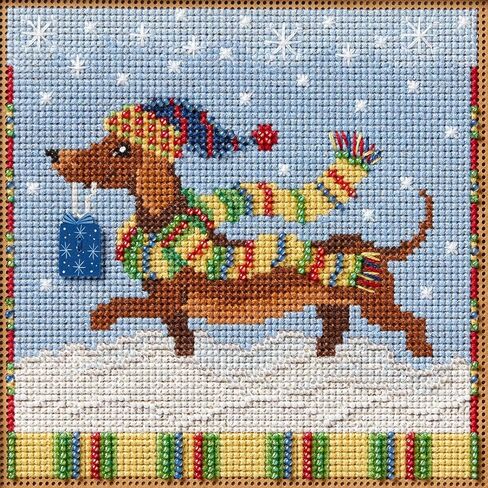 Mill Hill Dashing Dachshund Beded Cross Cross Stitch Kit Butons & Beads 2024 Winter Series MH142433 ، 5.25 "× 5.25" ، Multi in Saudi Arabia