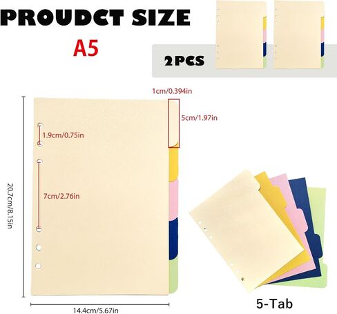 DY.2N2N Binder Dividers for 6 Ring Binder ، مقسمات الورق القوية 5-TAB ، مقسم A5 INDEX ، مقسمات موثق 6 ثقب ، مقاطعات TAB BOONNER القابلة للإدراج للمجلدات ، 2 مجموعات ، 10 موظفات in Kuwait
