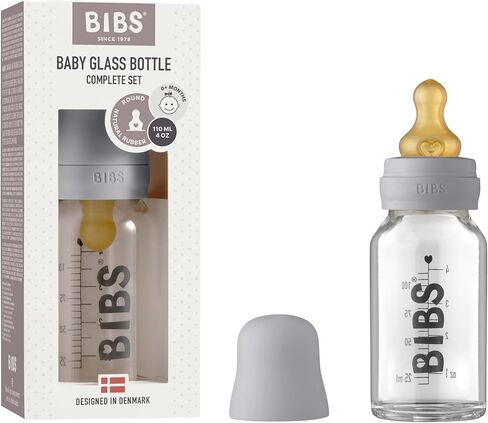 زجاجة بيبي زجاجية من BIBS. مكافحة المغص. حلمة مستديرة من المطاط الطبيعي. يدعم الرضاعة الطبيعية، المجموعة الكاملة - 110 مل، كلاود in Kuwait