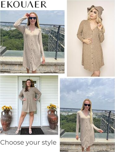 Ekouaer Nightgowns for Women Button Down Night Shirt Long Sleeve Ribbed Knit V-Neck Sleepwear Pajama Dress in Kuwait