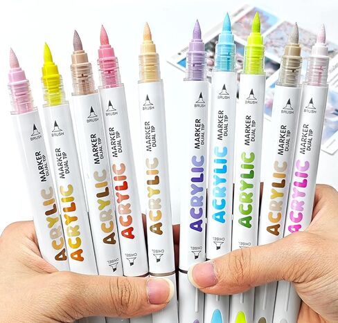 Kander 12 Colors Dual Tip Acrylic Paint Markers, Gray and Black Color — Extra Fine & Soft Brush Pen Set with Direct Ink Flow for Sketching, Detailing, Coloring on Wood, Canvas, Rock, Glass, DIY Crafts in Saudi Arabia