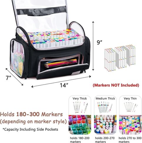 Large Marker Organizer Case Holds 200-300 Markers | Art Marker Storage Bag with Removable Dividers & Clear Top for Artists, Crafters & Travel - Pen, Pencil Alcohol Marker Holder - Art Supply in Saudi Arabia