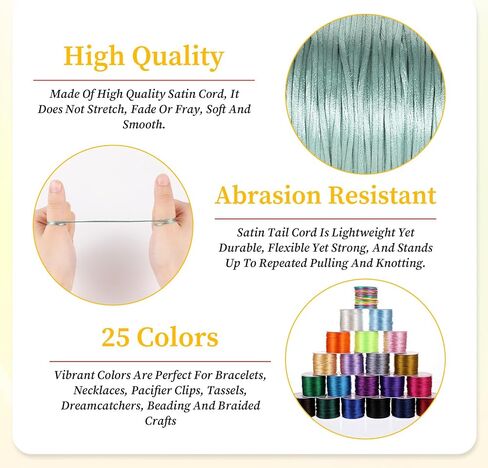 25 Rolls Nylon Thread for Beading, 1.5 mm Multicolor Silky Satin Cord Polyester Bracelet String for Macrame Crafts, Necklaces, Kumihimo, Lanyards, DIY Projects, Jewelry Making Supplies (30 Yards/Roll) in Saudi Arabia