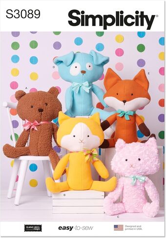 Simplicity SS3089OS Plush Kitty, Puppy, Fox, and Bear Pets Sewing Pattern Packet by Elaine Heigl Designs, Design Code S3089, 15" Tall in Saudi Arabia
