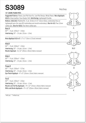 Simplicity SS3089OS Plush Kitty, Puppy, Fox, and Bear Pets Sewing Pattern Packet by Elaine Heigl Designs, Design Code S3089, 15" Tall in Saudi Arabia