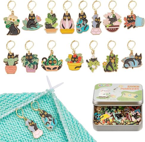 NBEADS 15 Styles Cat with Plants Stitch Markers, Alloy Enamel Crochet Stitch Marker with Leverback Locking for Knitting and Crocheting in Saudi Arabia