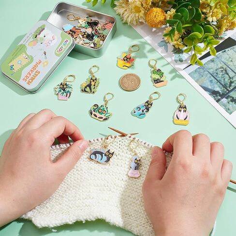 NBEADS 15 Styles Cat with Plants Stitch Markers, Alloy Enamel Crochet Stitch Marker with Leverback Locking for Knitting and Crocheting in Saudi Arabia