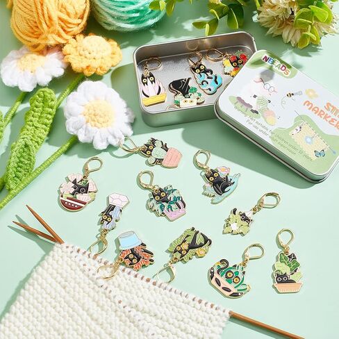NBEADS 15 Styles Cat with Plants Stitch Markers, Alloy Enamel Crochet Stitch Marker with Leverback Locking for Knitting and Crocheting in Saudi Arabia