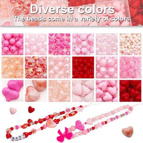 Jinnbey 24 Grid Pink 560pcs حبات أكريليك لمجموعة صناعة المجوهرات ، مع معلقات شفاه مينا على شكل قلب لصنع سوار القلادة ، سلاسل المفاتيح ، سحر الهاتف ، مجموعة الحرف اليدوية DIY in Kuwait