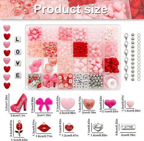 Jinnbey 24 Grid Pink 560pcs حبات أكريليك لمجموعة صناعة المجوهرات ، مع معلقات شفاه مينا على شكل قلب لصنع سوار القلادة ، سلاسل المفاتيح ، سحر الهاتف ، مجموعة الحرف اليدوية DIY in Kuwait