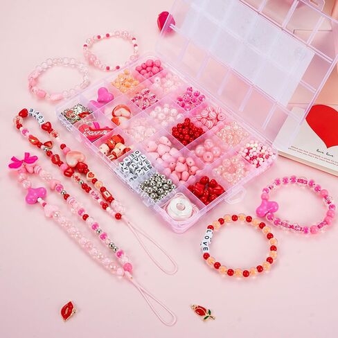Jinnbey 24 Grid Pink 560pcs حبات أكريليك لمجموعة صناعة المجوهرات ، مع معلقات شفاه مينا على شكل قلب لصنع سوار القلادة ، سلاسل المفاتيح ، سحر الهاتف ، مجموعة الحرف اليدوية DIY in Kuwait