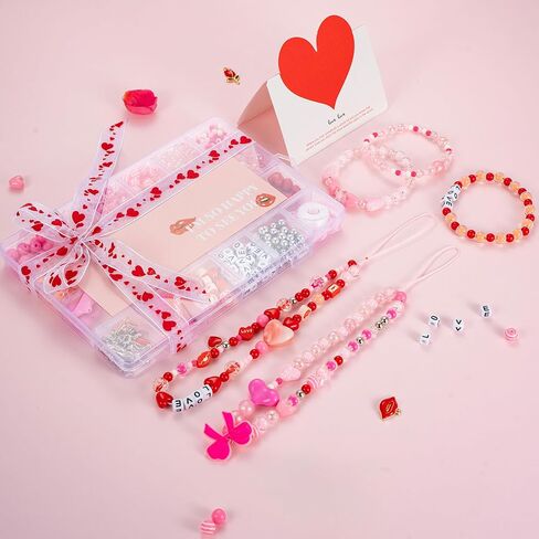 Jinnbey 24 Grid Pink 560pcs حبات أكريليك لمجموعة صناعة المجوهرات ، مع معلقات شفاه مينا على شكل قلب لصنع سوار القلادة ، سلاسل المفاتيح ، سحر الهاتف ، مجموعة الحرف اليدوية DIY in Kuwait