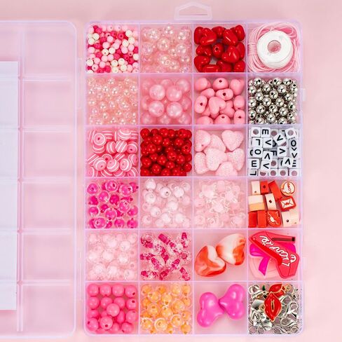 Jinnbey 24 Grid Pink 560pcs حبات أكريليك لمجموعة صناعة المجوهرات ، مع معلقات شفاه مينا على شكل قلب لصنع سوار القلادة ، سلاسل المفاتيح ، سحر الهاتف ، مجموعة الحرف اليدوية DIY in Kuwait