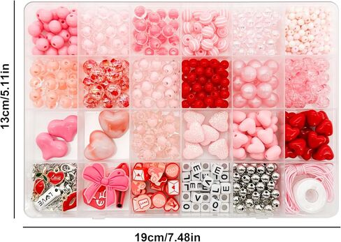 Jinnbey 24 Grid Pink 560pcs حبات أكريليك لمجموعة صناعة المجوهرات ، مع معلقات شفاه مينا على شكل قلب لصنع سوار القلادة ، سلاسل المفاتيح ، سحر الهاتف ، مجموعة الحرف اليدوية DIY in Kuwait