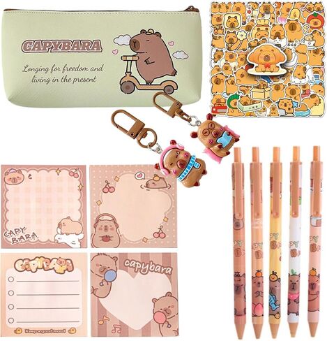 Kawaii Cute Capybara Stationery Set,Capybara Study Supplies Kit,Capybara Makeup Bag Capybara 1 Pencil Case,50 Stickers,5 Gel Ink Pens,1 Sticky Notes(SELECT RANDOMLY),2 Keychain Capybara Gifts Girl Boy in Saudi Arabia