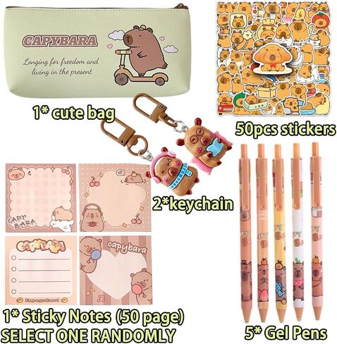 Kawaii Cute Capybara Stationery Set,Capybara Study Supplies Kit,Capybara Makeup Bag Capybara 1 Pencil Case,50 Stickers,5 Gel Ink Pens,1 Sticky Notes(SELECT RANDOMLY),2 Keychain Capybara Gifts Girl Boy in Saudi Arabia