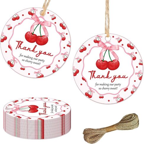 50Pcs Cherry Thank You Tags Cherry Bow Themed Party Decorations She's The Cherry on Top Party Favor Tags Coquette Cherry Gift Tags with String for Girls Birthday Party Engagement Bachelorette Party in Saudi Arabia