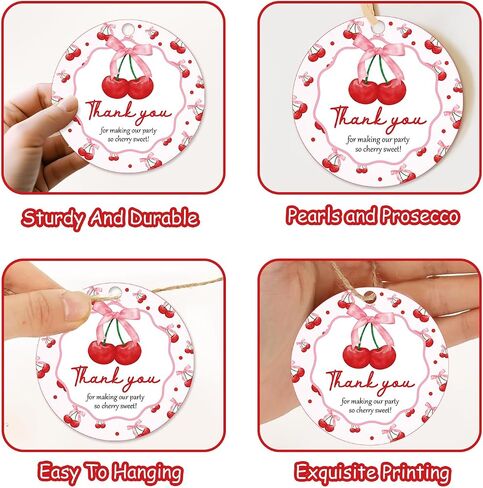 50Pcs Cherry Thank You Tags Cherry Bow Themed Party Decorations She's The Cherry on Top Party Favor Tags Coquette Cherry Gift Tags with String for Girls Birthday Party Engagement Bachelorette Party in Saudi Arabia