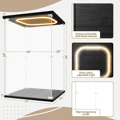 Acrylic Display Case with LED Light for Doll 20"x 12"x 12" Clear Assemble Cube Display Box Stand for Collectibles Trophy Dust Proof Protection Showcase for Action Figures(Wood) in Saudi Arabia