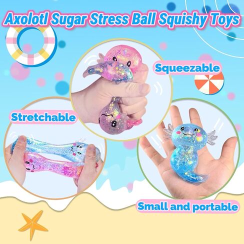 2 Pack Squishy Axolotl Sugar Stress Balls Squeeze Fidget Toys for Girls and Boys, Cute Anxiety Relief Salamander Toys Squishy Stress Balls for Kids and Adults, Birthday in Saudi Arabia