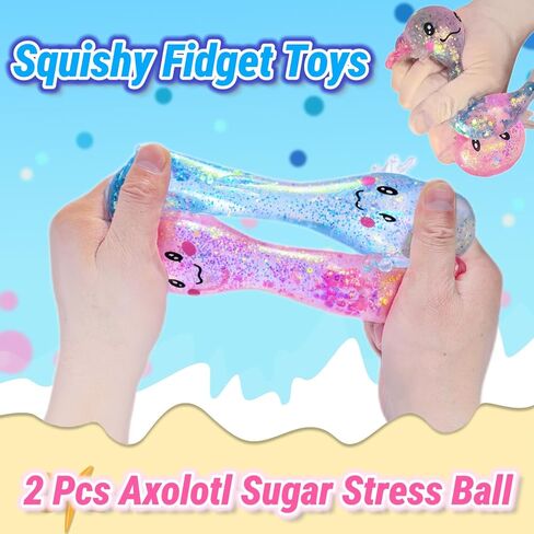 2 Pack Squishy Axolotl Sugar Stress Balls Squeeze Fidget Toys for Girls and Boys, Cute Anxiety Relief Salamander Toys Squishy Stress Balls for Kids and Adults, Birthday in Saudi Arabia