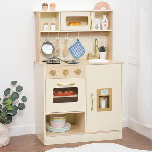 Wooden Play Kitchen for Kids with Ice Maker & 17 Accessories, Toddler Toy Kitchen with Sink, Oven, Stovetop, Microwave, Educational Kitchen Playset Gift for Toddlers Boys Girls Ages 3 to 8 in Saudi Arabia