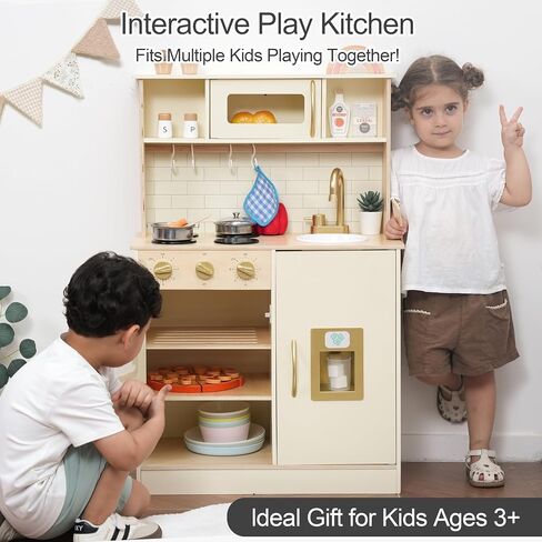 Wooden Play Kitchen for Kids with Ice Maker & 17 Accessories, Toddler Toy Kitchen with Sink, Oven, Stovetop, Microwave, Educational Kitchen Playset Gift for Toddlers Boys Girls Ages 3 to 8 in Saudi Arabia