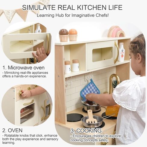 Wooden Play Kitchen for Kids with Ice Maker & 17 Accessories, Toddler Toy Kitchen with Sink, Oven, Stovetop, Microwave, Educational Kitchen Playset Gift for Toddlers Boys Girls Ages 3 to 8 in Saudi Arabia
